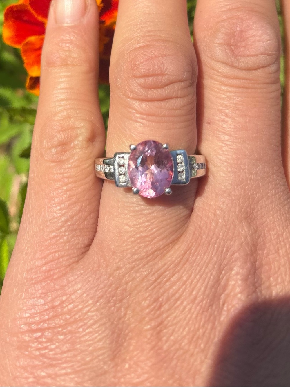 Pink Sapphire + Diamond 10K White Gold Ring